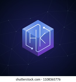 Initial letter HK, block chain, looping mono line circuit letter on hexagon cube logo, blue magenta gradient color on black blue network background