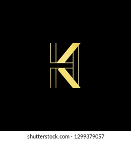 Initial letter HK KH minimal monogram art logo, gold color on black background.