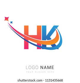 initial letter HK logotype company name colored orange, red and blue swoosh star design. vector logo for business and company identity.