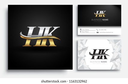 initial letter HK logotype company name colored gold and silver swoosh design. Vector sets for business identity on white background.