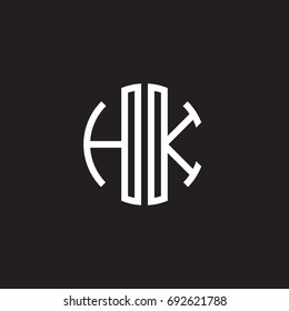Initial letter HK, minimalist line art monogram circle shape logo, white color on black background
