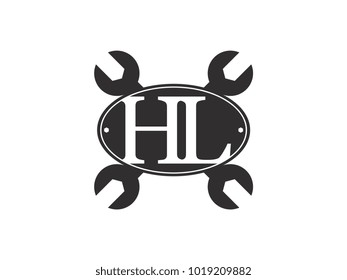 Initial letter HL logo automotive club with crossed wrench black