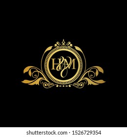 Initial letter HM logo luxury vector mark, gold color elegant classical symmetric curves decor.