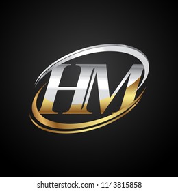 initial letter HM logotype company name colored gold and silver swoosh design. isolated on black background.