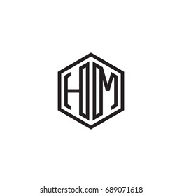 Initial letter HM, minimalist line art monogram hexagon logo, black color