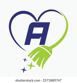 Initial Letter A House Clean Logo Concept With Cleaning Brush and Heart Symbol. Broom Sign