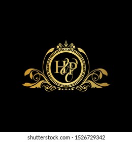 Initial letter HP logo luxury vector mark, gold color elegant classical symmetric curves decor.