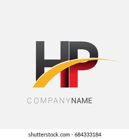 initial letter HP logotype company name colored red, black and yellow swoosh design. isolated on white background.
