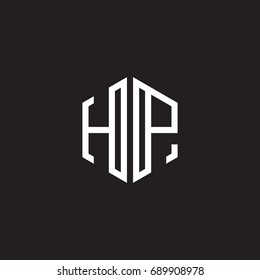Initial letter HP, minimalist line art monogram hexagon shape logo, white color on black background
