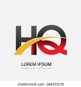 initial letter HQ logotype company name colored red, black and yellow swoosh design. isolated on white background.

