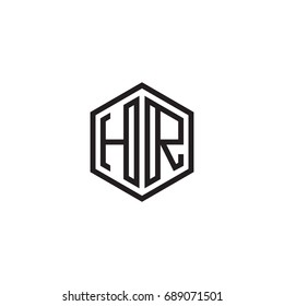 Initial letter HR, minimalist line art monogram hexagon logo, black color