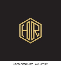 Initial letter HR, minimalist line art hexagon logo, gold color on black background
