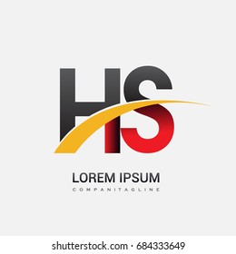 initial letter HS logotype company name colored red, black and yellow swoosh design. isolated on white background.
