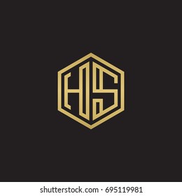 Initial letter HS, minimalist line art hexagon logo, gold color on black background