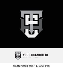 Lettre initiale HTE, HET, THE, TEH, ETH ou EHT qui se chevauchent, interlock, logo monogramme, couleur blanche et grise sur fond noir