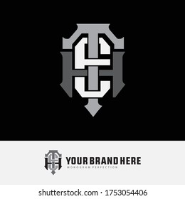 Lettre initiale HTE, HET, THE, TEH, ETH ou EHT qui se chevauchent, interlock, logo monogramme, couleur blanche et grise sur fond noir