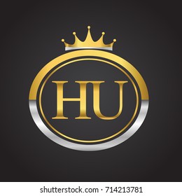 initial letter HU logotype company name with oval shape and crown, gold and silver color. vector logo for business and company identity