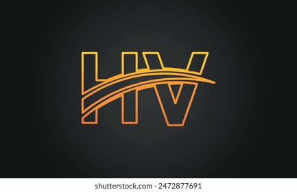 Letra inicial HV Logo Design con Swoosh. Diseño creativo y moderno del logotipo de HV sobre fondo negro.