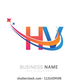 initial letter HV logotype company name colored orange, red and blue swoosh star design. vector logo for business and company identity.