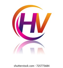 initial letter HV logotype company name orange and magenta color on circle and swoosh design. vector logo for business and company identity.