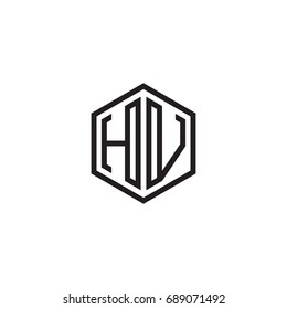 Initial letter HV, minimalist line art monogram hexagon logo, black color