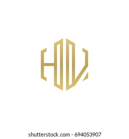 Initial letter HV, minimalist line art hexagon shape logo, gold color