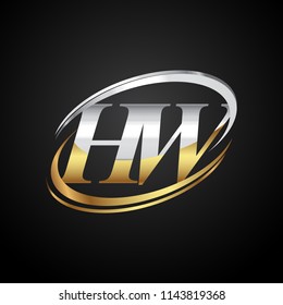 initial letter HW logotype company name colored gold and silver swoosh design. isolated on black background.