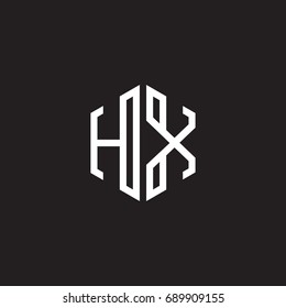 Initial letter HX, minimalist line art monogram hexagon shape logo, white color on black background