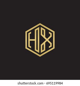Initial letter HX, minimalist line art hexagon logo, gold color on black background