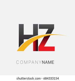 initial letter HZ logotype company name colored red, black and yellow swoosh design. isolated on white background.

