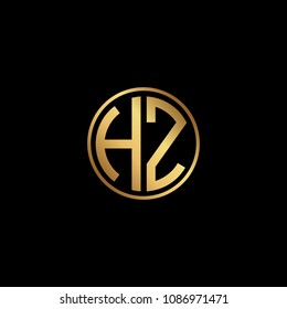 Initial letter HZ, minimalist art monogram circle shape logo, gold color on black background