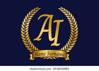 Initial letter A and I, AI monogram logo design with laurel wreath. Luxury golden emblem with calligraphy font.