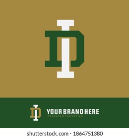 Initial letter I, D, ID or DI overlapping, interlock, monogram logo, white and green color on gold background