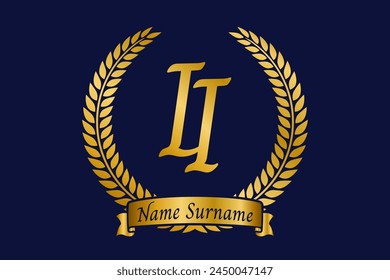 Anfangsbuchstabe I und I, II Monogramm Logo Design mit Lorbeerkranz. Luxuriöse goldene Kalligrafie Schriftart.