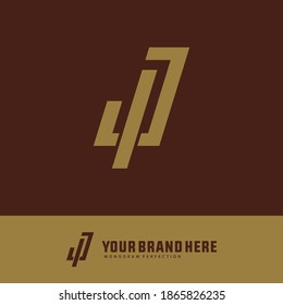 Initial letter I, J, IJ or JI overlapping, interlock, monogram logo, gold color on brown background