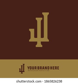 Initial letter I, J, IJ or JI overlapping, interlock, monogram logo, gold color on brown background