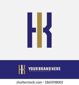 Initial letter I, K, IK or KI overlapping, interlock, monogram logo, blue and gold color on white background