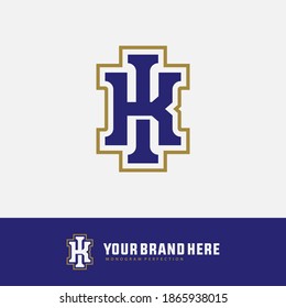 Initial letter I, K, IK or KI overlapping, interlock, monogram logo, blue and gold color on white background