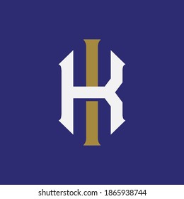 Initial letter I, K, IK or KI overlapping, interlock, monogram logo, white and gold color on blue background
