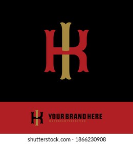 Initial letter I, K, IK or KI overlapping, interlock, monogram logo, red and gold color on black background