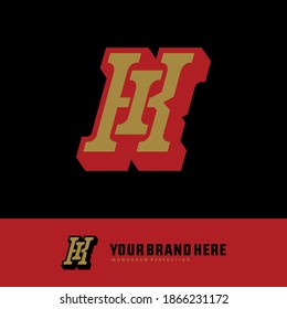 Initial letter I, K, IK or KI overlapping, interlock, monogram logo, red and gold color on black background