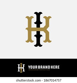 Letra inicial I, K, IK o KI solapadas, entrelazadas, logotipo monograma, color negro y dorado sobre fondo blanco