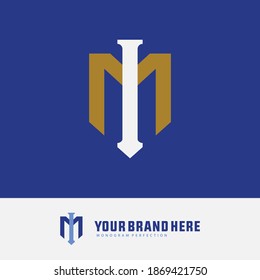 Initial letter I, M, IM or MI overlapping, interlock, monogram logo, white and gold color on blue background