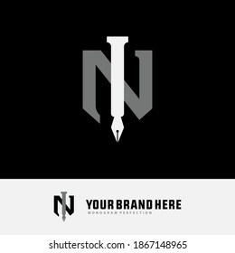 Initial letter I, N, IN or NI overlapping, interlock, monogram logo, white and gray color on black background