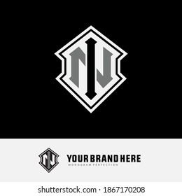 Initial letter I, N, IN or NI overlapping, interlock, monogram logo, black, white and gray color on black background
