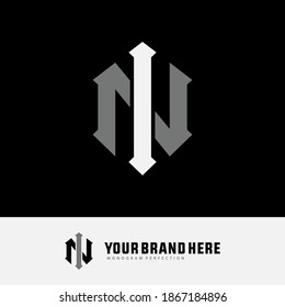 Initial letter I, N, IN or NI overlapping, interlock, monogram logo, white and gray color on black background