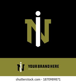Initial letter I, N, IN or NI overlapping, interlock, monogram logo, white and green color on black background