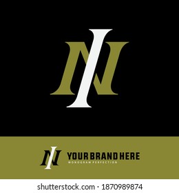 Initial letter I, N, IN or NI overlapping, interlock, monogram logo, white and green color on black background