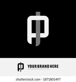 Initial letter I, P, IP or PI overlapping, interlock, monogram logo, white and gray color on black background