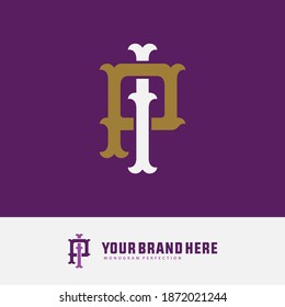 Initial letter I, P, IP or PI overlapping, interlock, monogram logo, gold and white color on purple background